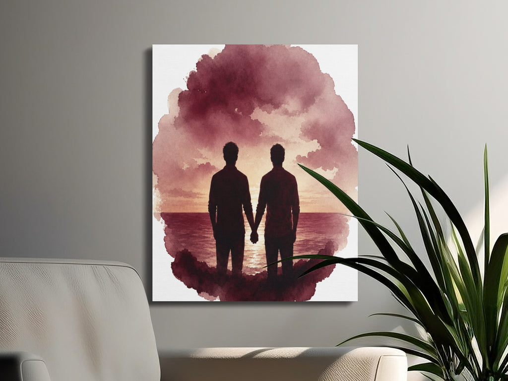 Two silhouetted men hold hands against a watercolor sunset over a body of water.