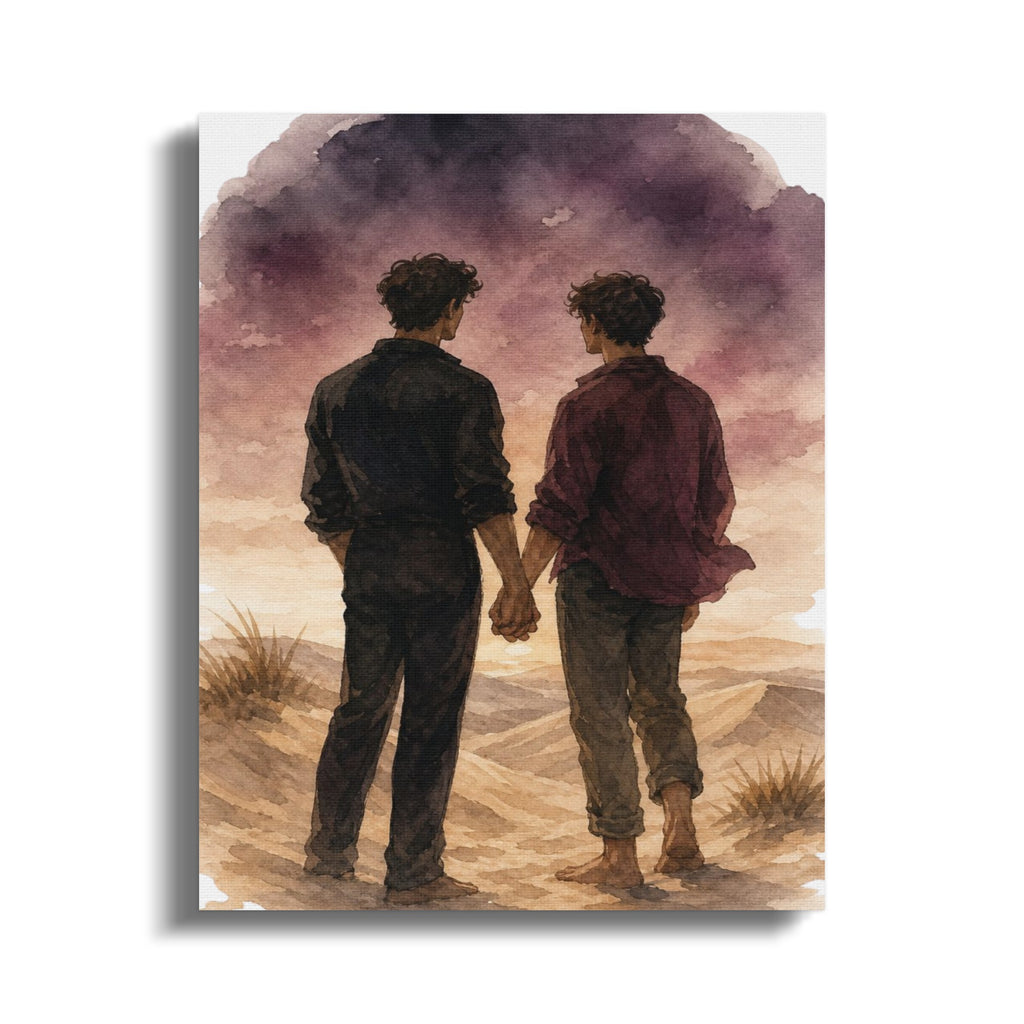 Two men holding hands in a desert landscape at sunset.