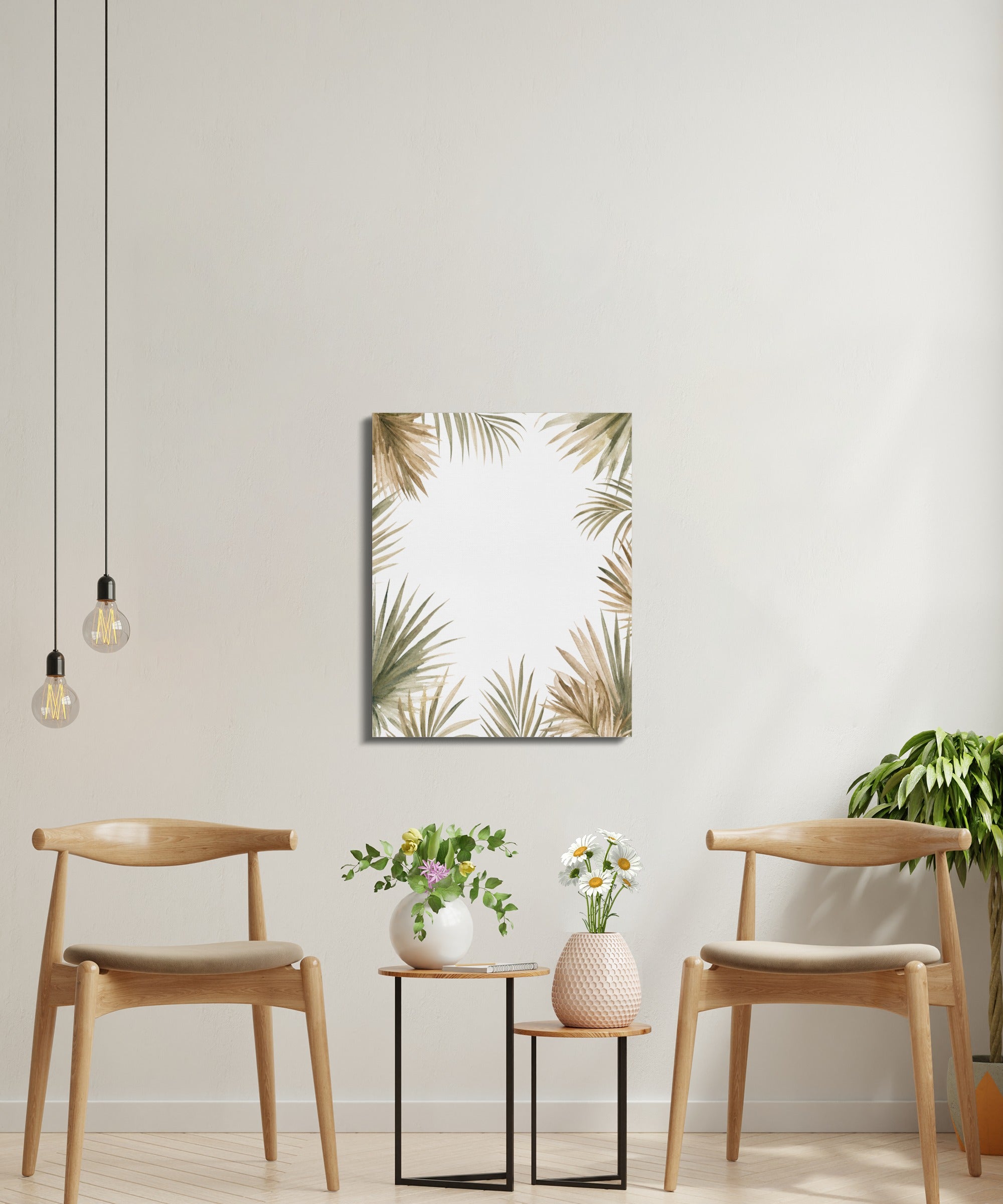 Watercolor palm leaves design on canvas display over neutral decor.