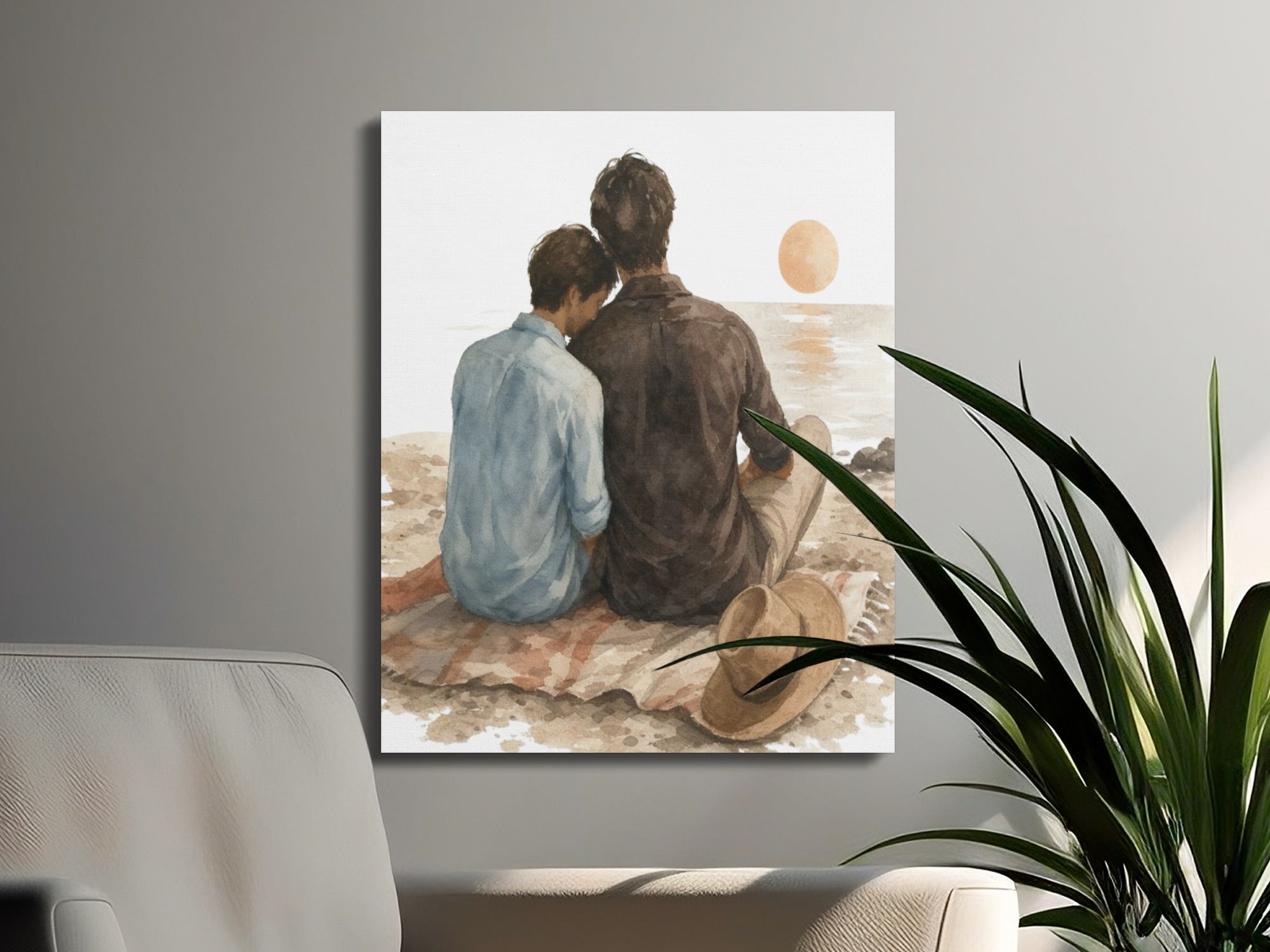 Watercolor art of two figures sitting on a beach blanket watching the sunset.