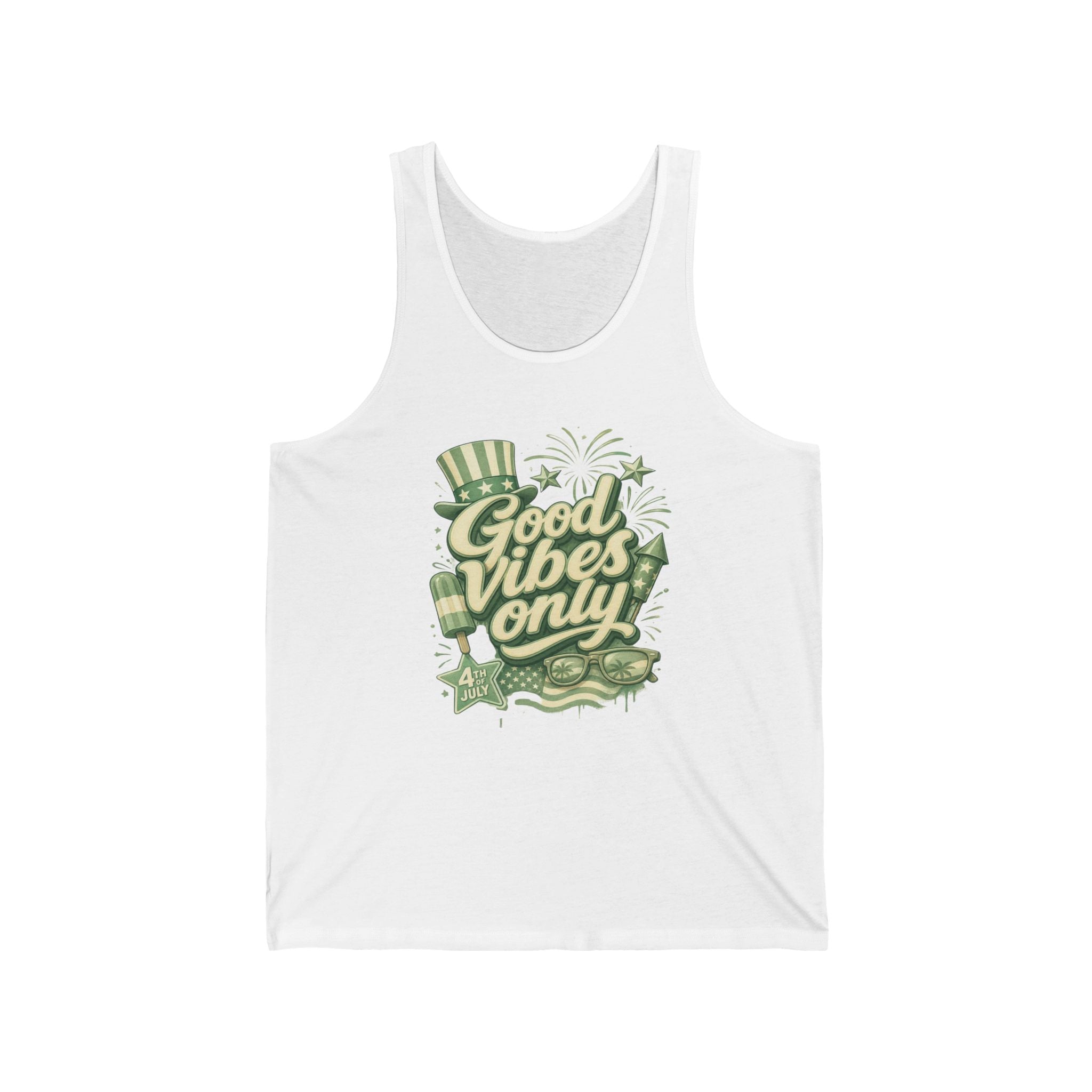 White tank top with "Good Vibes Only" 4th of July graphic.