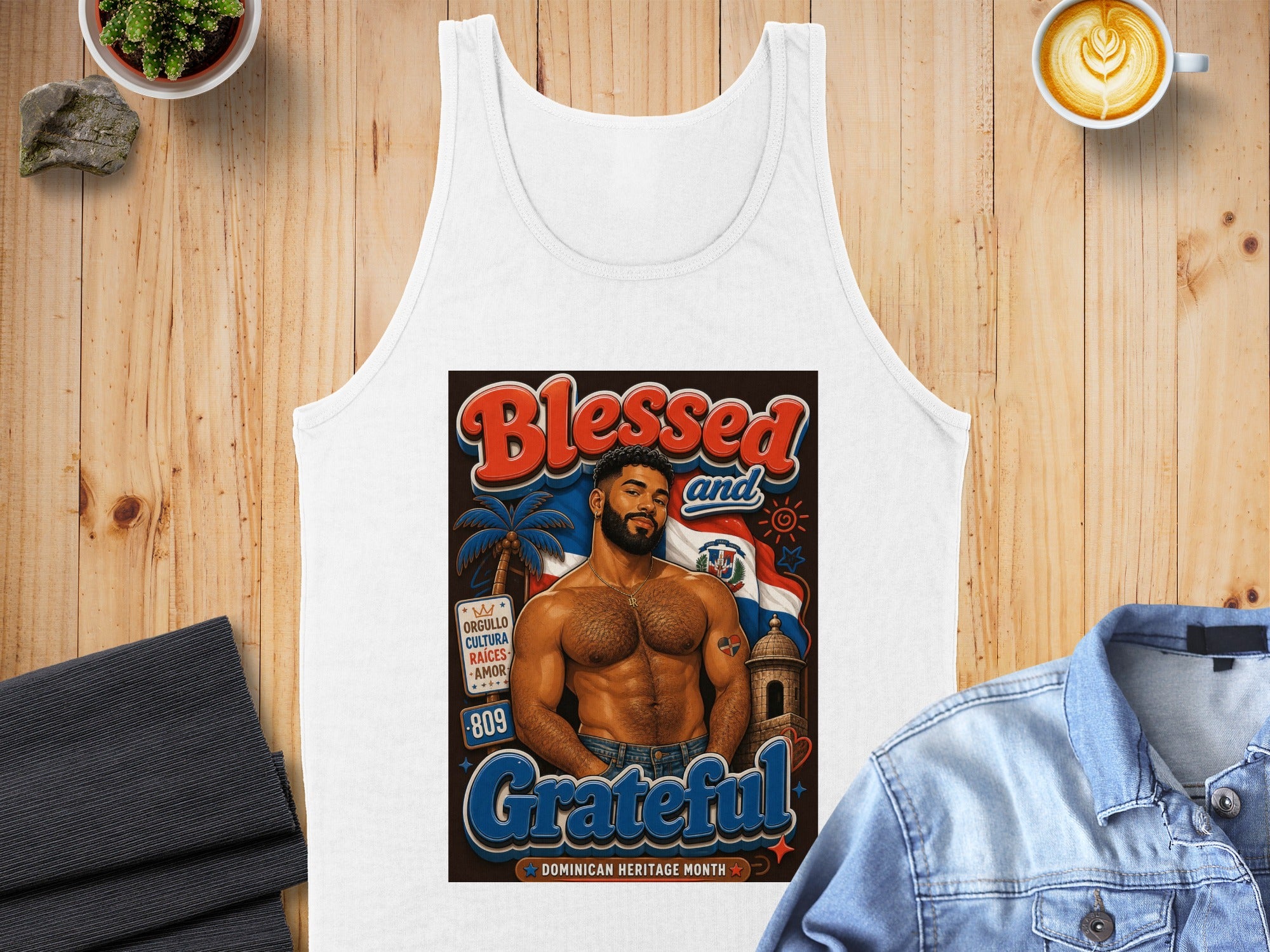 White tank top featuring "Blessed and Grateful" with Dominican flag and shirtless man.