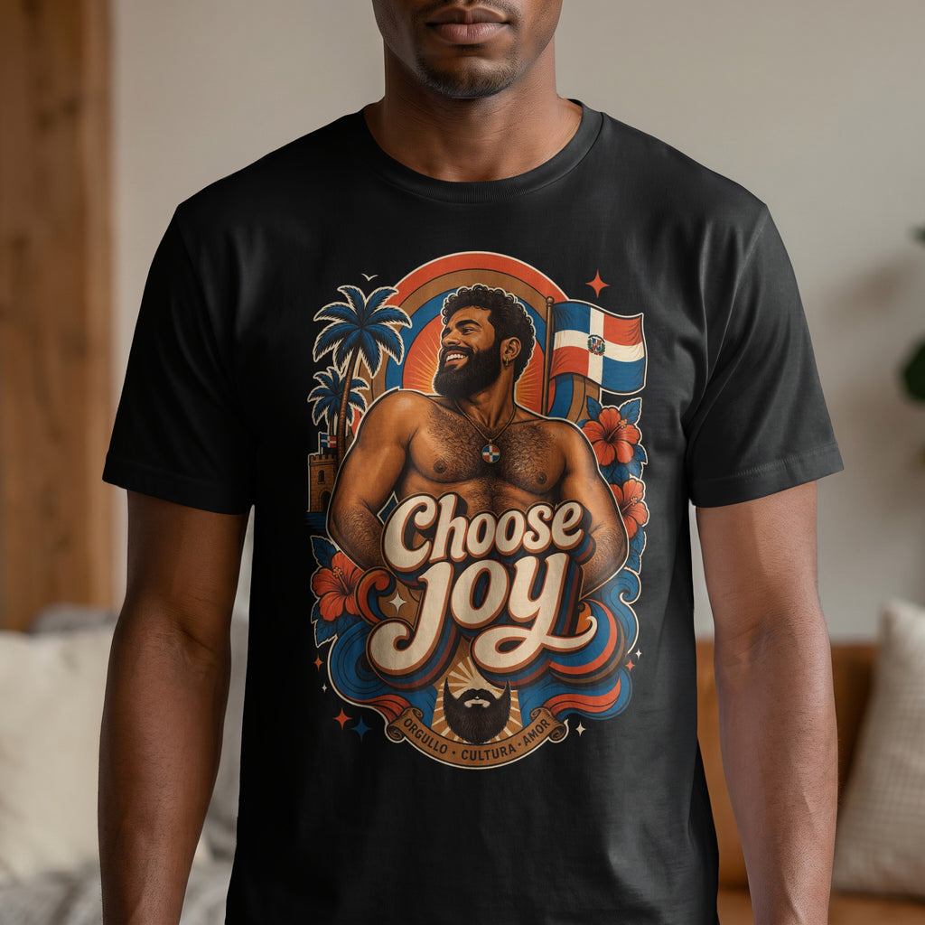 Man wearing a t-shirt with "Choose Joy" and Dominican Republic imagery.