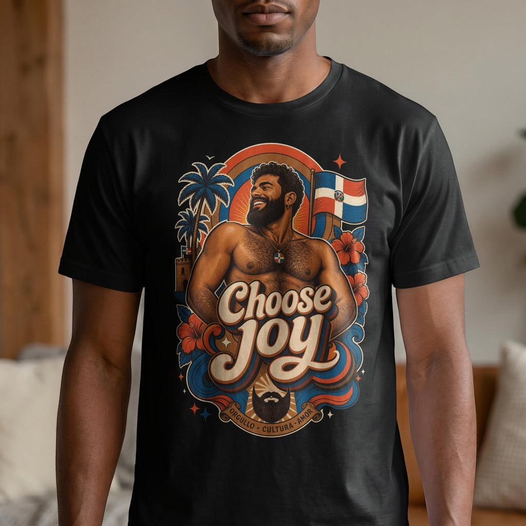 Man wearing a t-shirt with "Choose Joy" and Dominican Republic imagery.