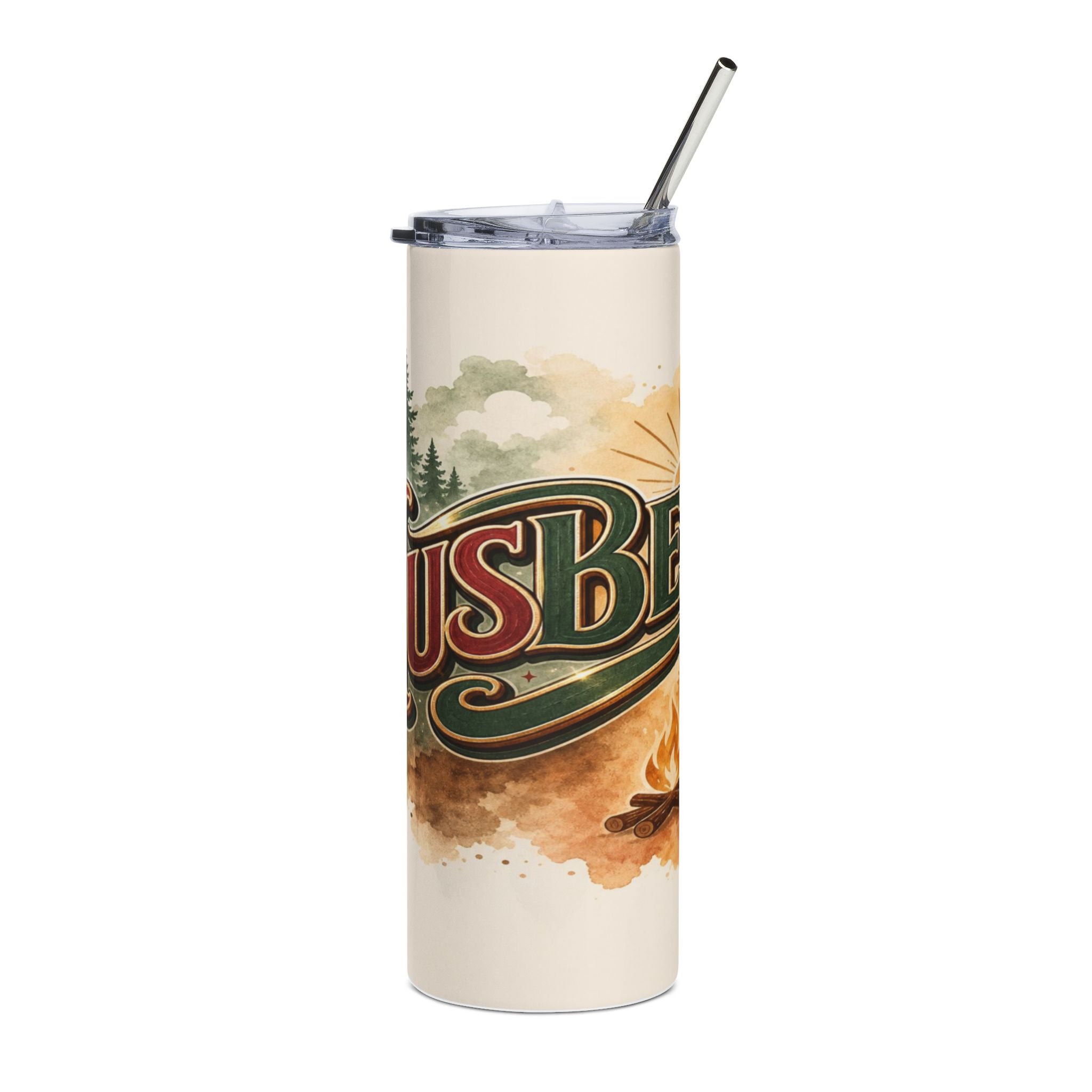 Tumbler with "Husband" text, forest, and campfire graphic.