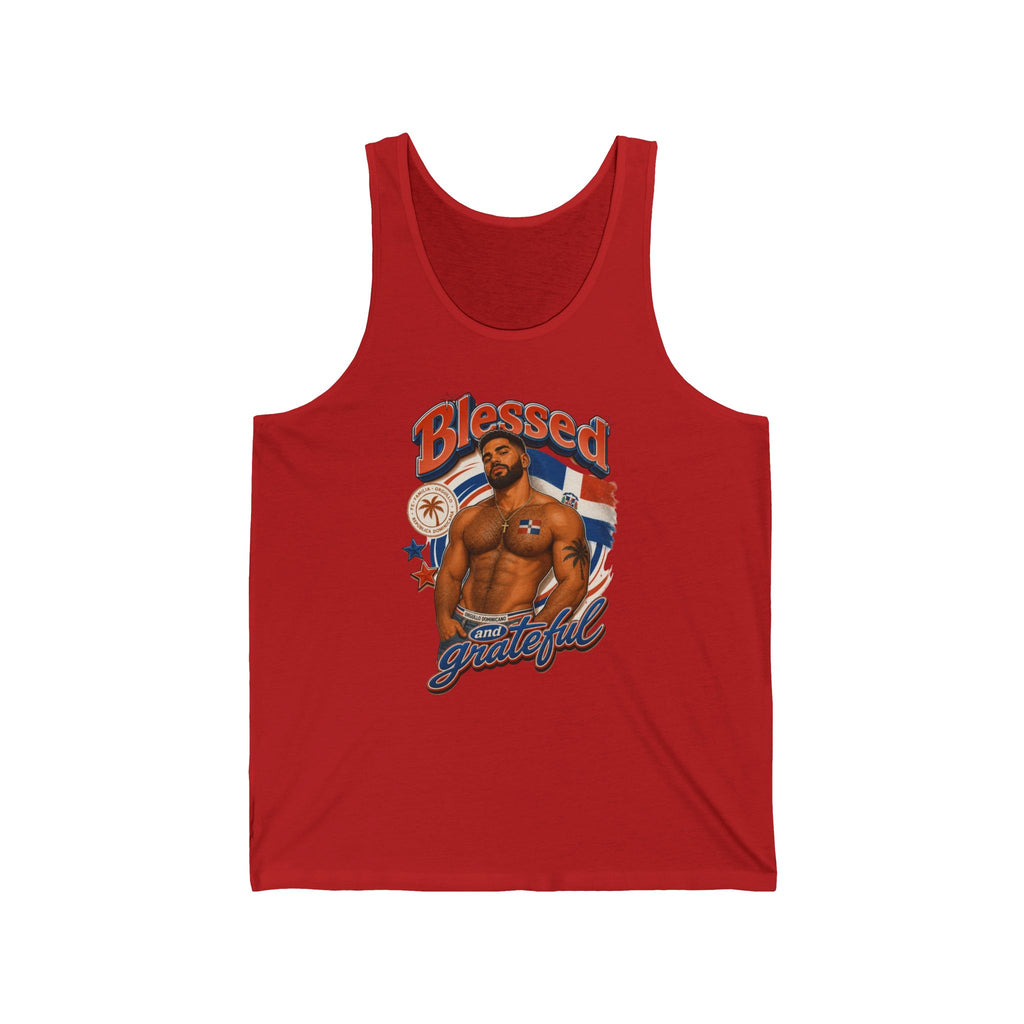 Red tank top with chest graphic of muscular man, flags, and text "Blessed and Grateful".