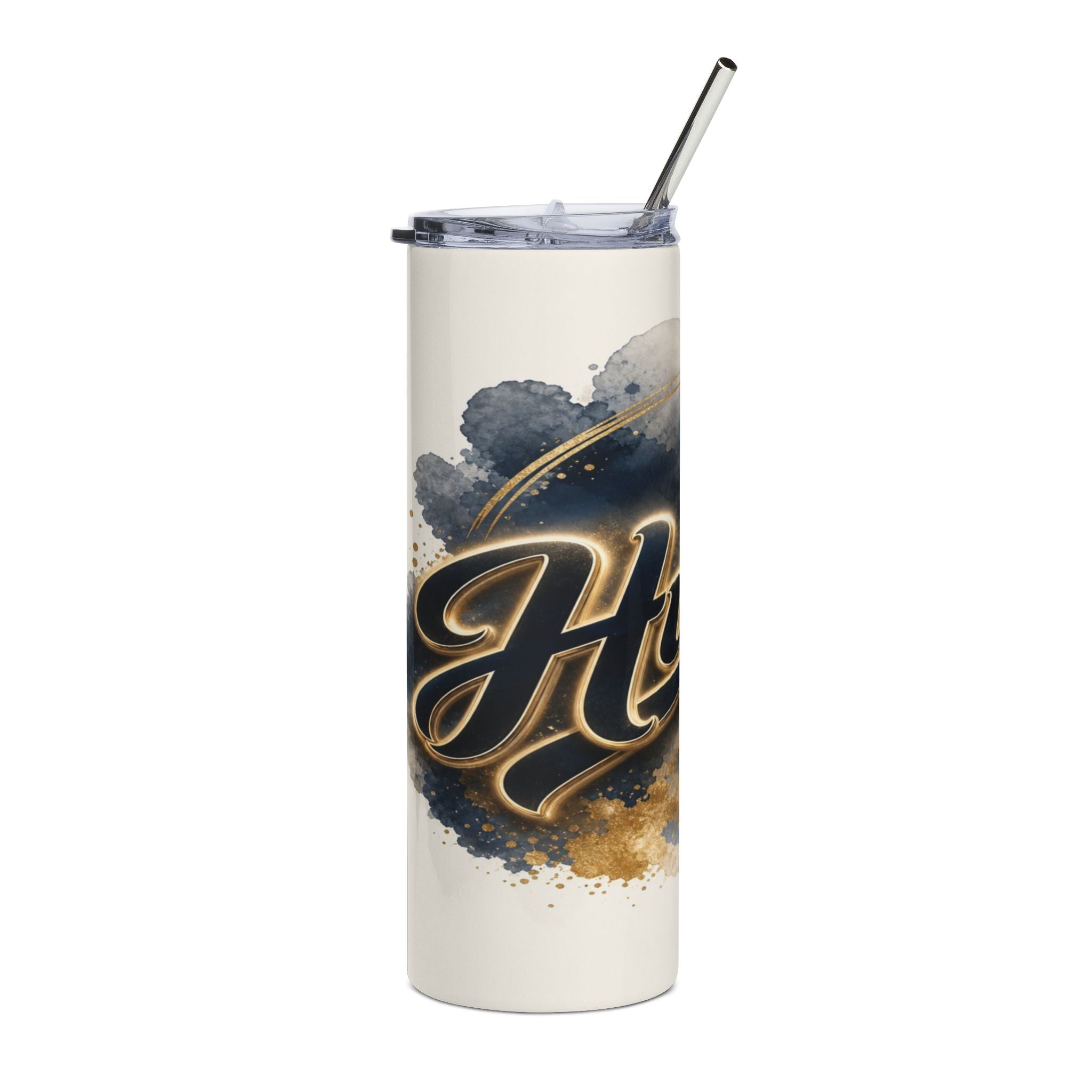 Cream tumbler with watercolor splash, gold accents, and the word "Home" in script.