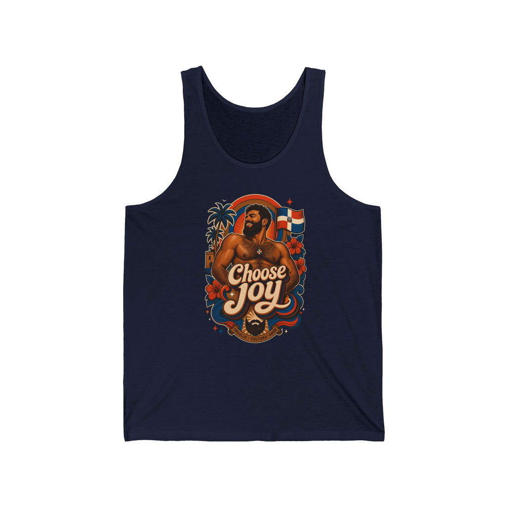 Navy tank top featuring a smiling man with a beard and tropical elements.
