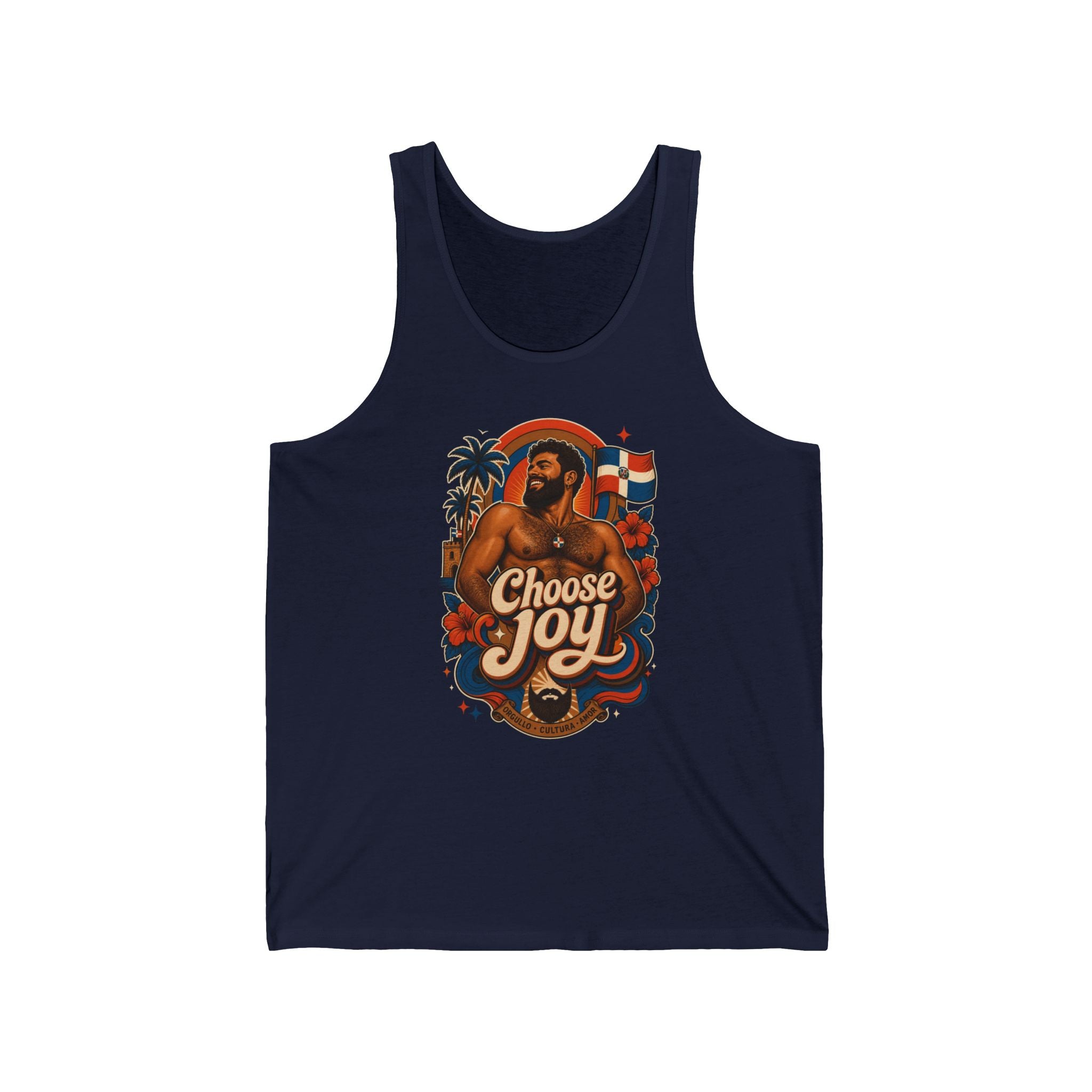 Navy tank top featuring a smiling man with a beard and tropical elements.