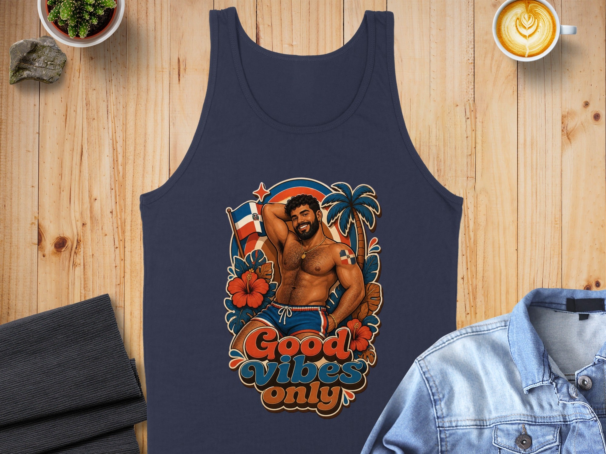 Navy tank top with "Good Vibes Only" text and a man on a beach.
