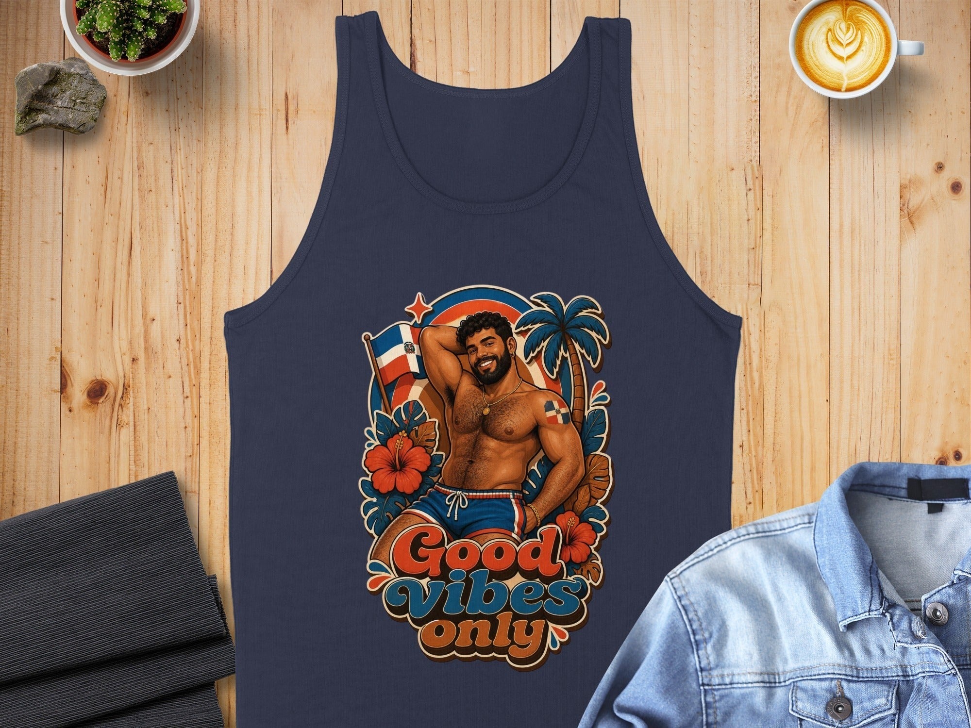Navy tank top with "Good Vibes Only" text and a man on a beach.