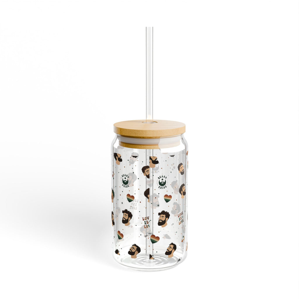 16oz Glass Sipper Tumbler with Bamboo Lid — 'Love is Love' Pride Face Pattern