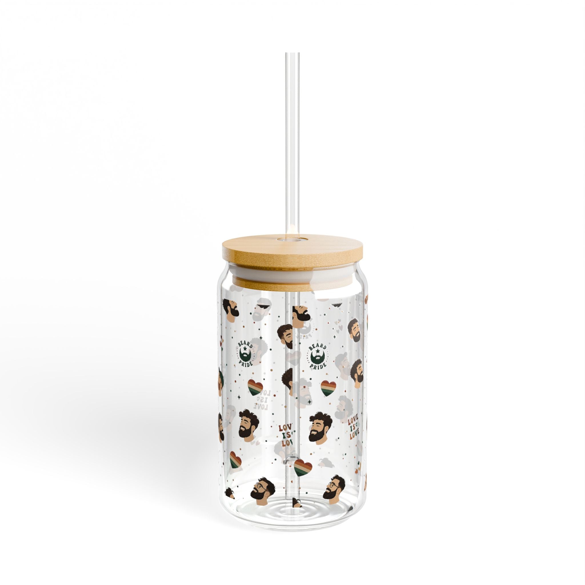 16oz Glass Sipper Tumbler with Bamboo Lid — 'Love is Love' Pride Face Pattern