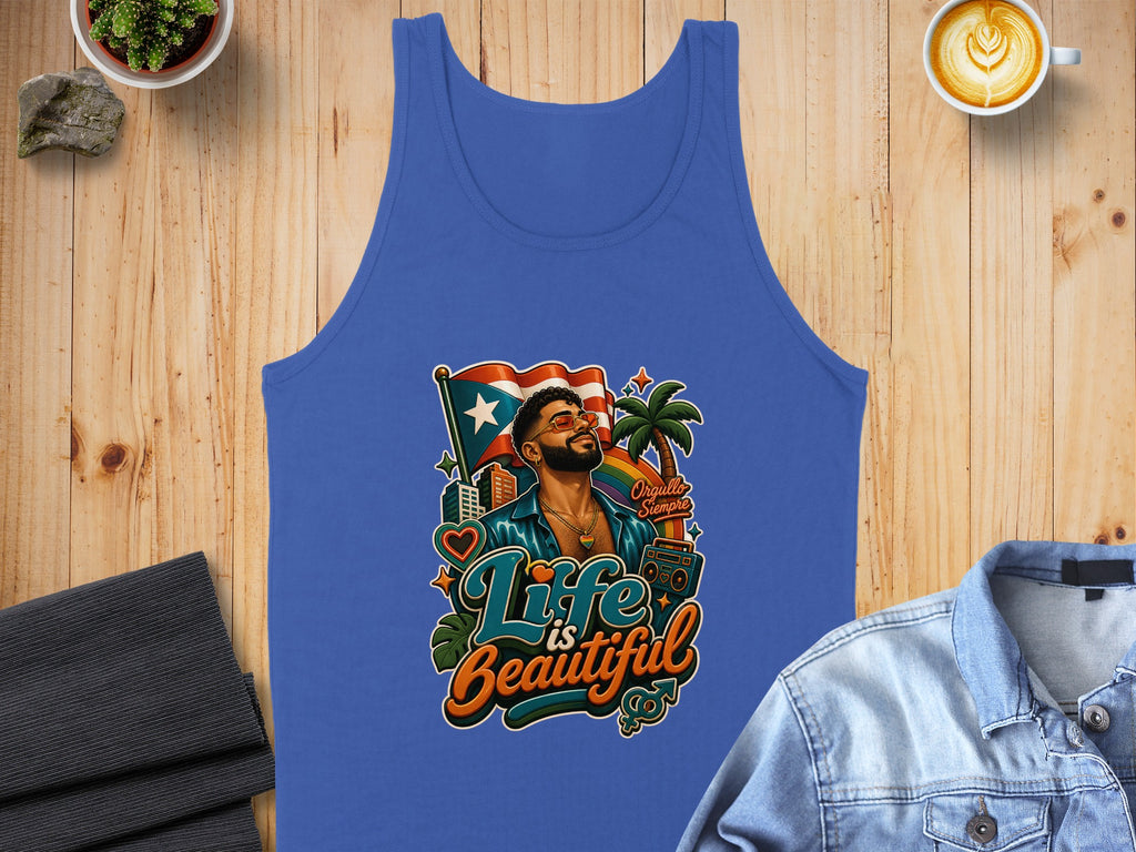 Blue tank top with "Orgullo Siempre" graphic featuring a man, flag, and palm tree.