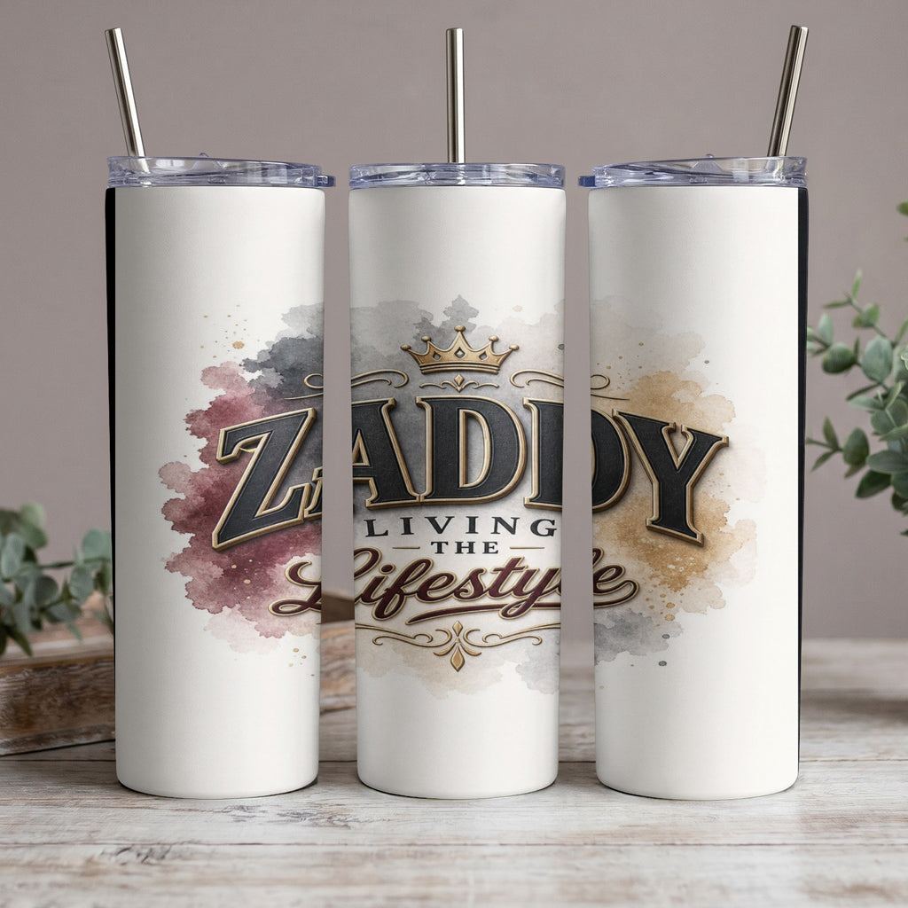 Three white tumblers with straws feature the text "ZADDY LIVING THE Lifestyle" with watercolor accents.