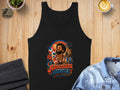 Black tank top with colorful "Adventure Awaits" graphic featuring a person waving a Dominican Republic flag.
