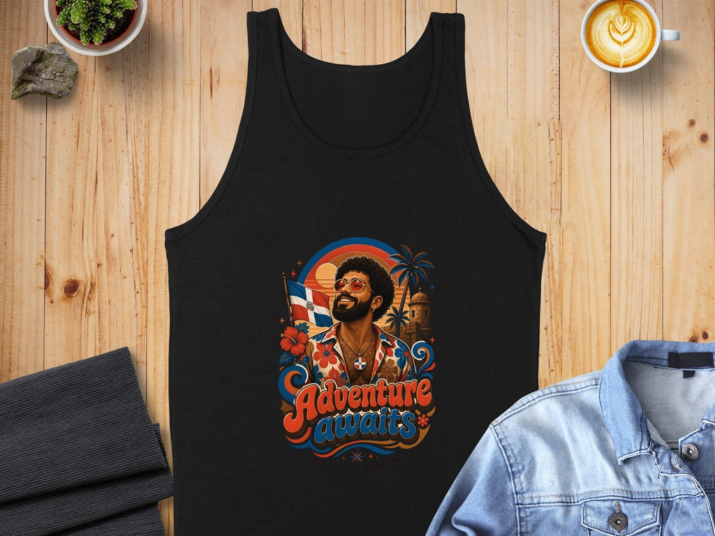 Black tank top with colorful "Adventure Awaits" graphic featuring a person waving a Dominican Republic flag.
