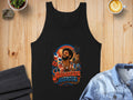 Black tank top with colorful "Adventure Awaits" graphic featuring a person waving a Dominican Republic flag.