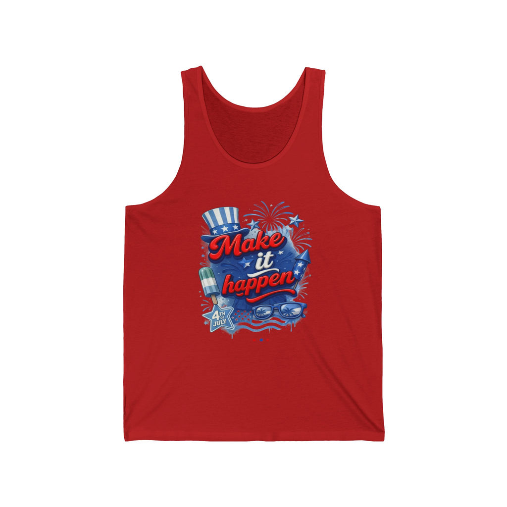 Red tank top with "Make it happen" text and 4th of July graphics.