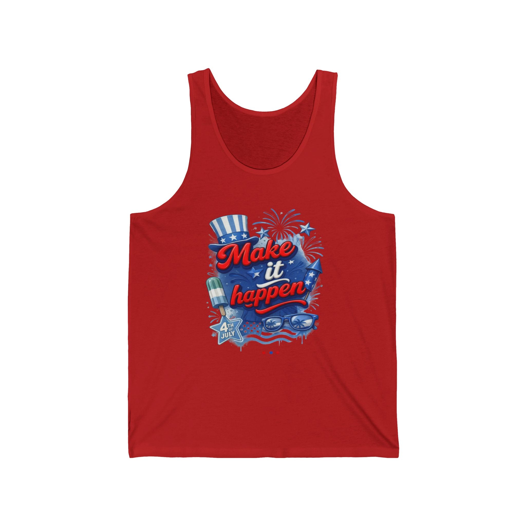Red tank top with "Make it happen" text and 4th of July graphics.