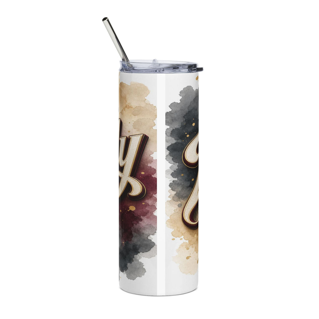 White tumbler with watercolor splashes and 3D gold lettering reading "Joy".