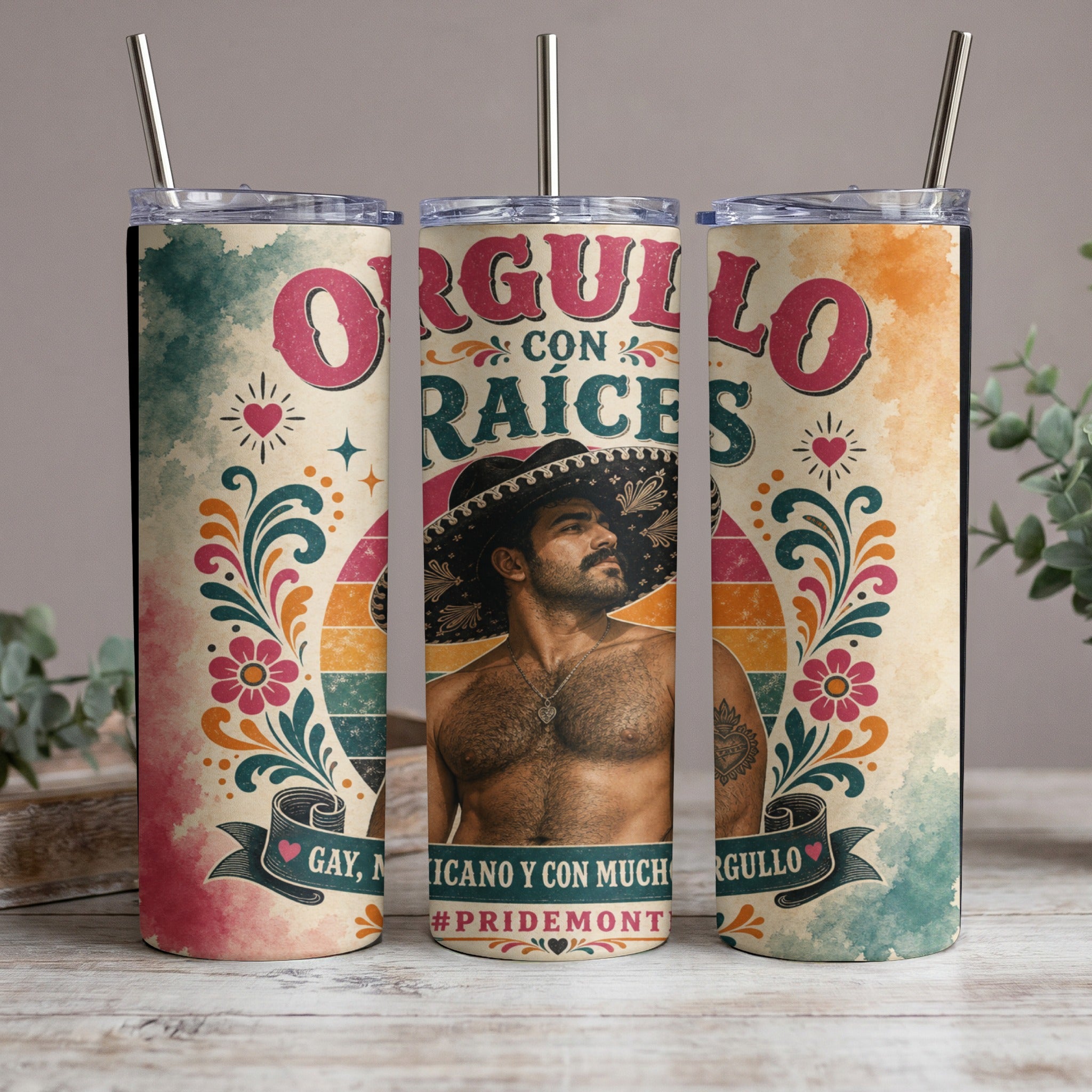 Man in sombrero, "Orgullo con Raíces" text, rainbow, floral accents, PrideMont hashtag.