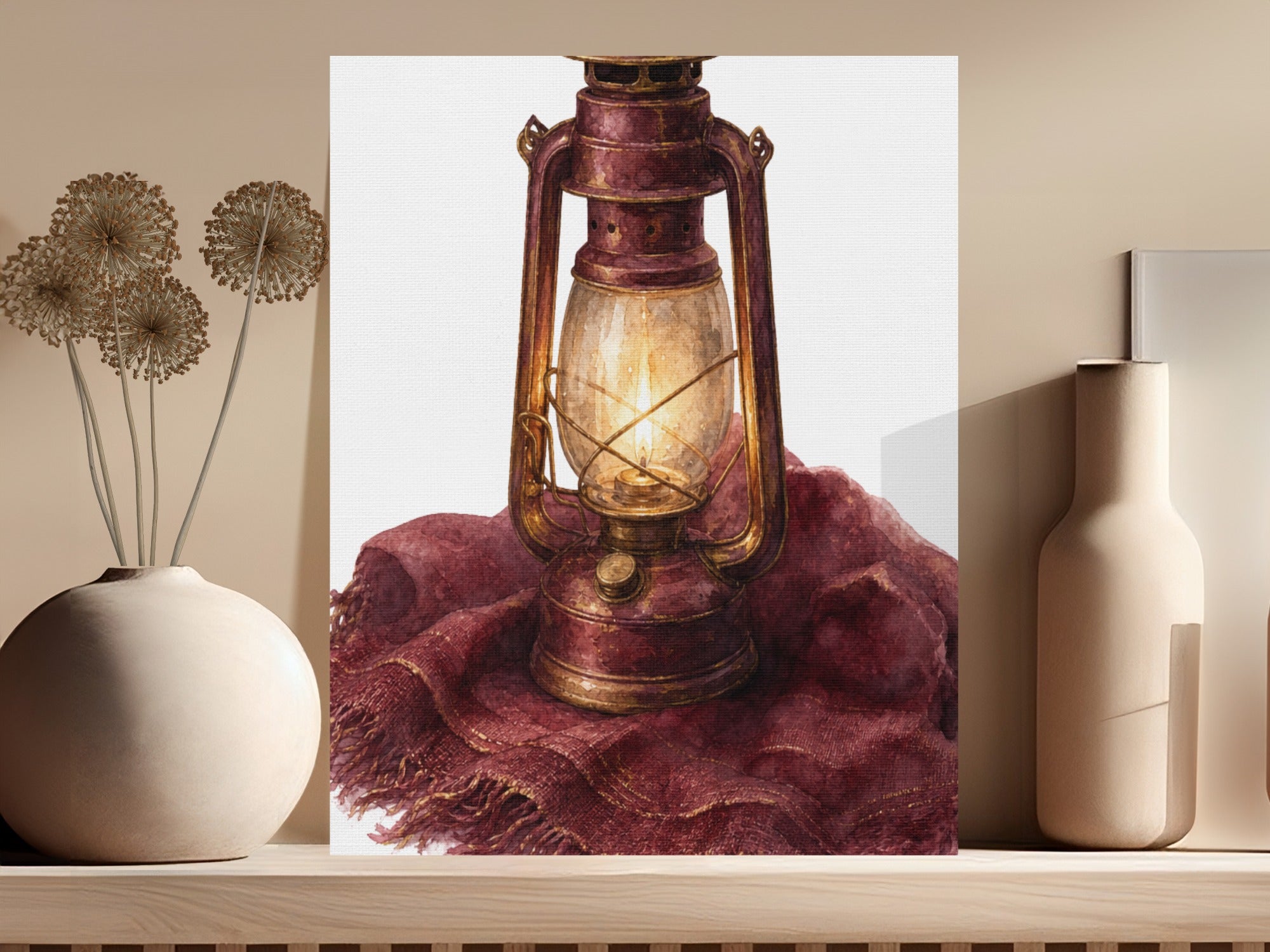 Vintage red lantern with lit wick rests on a textured maroon fabric.