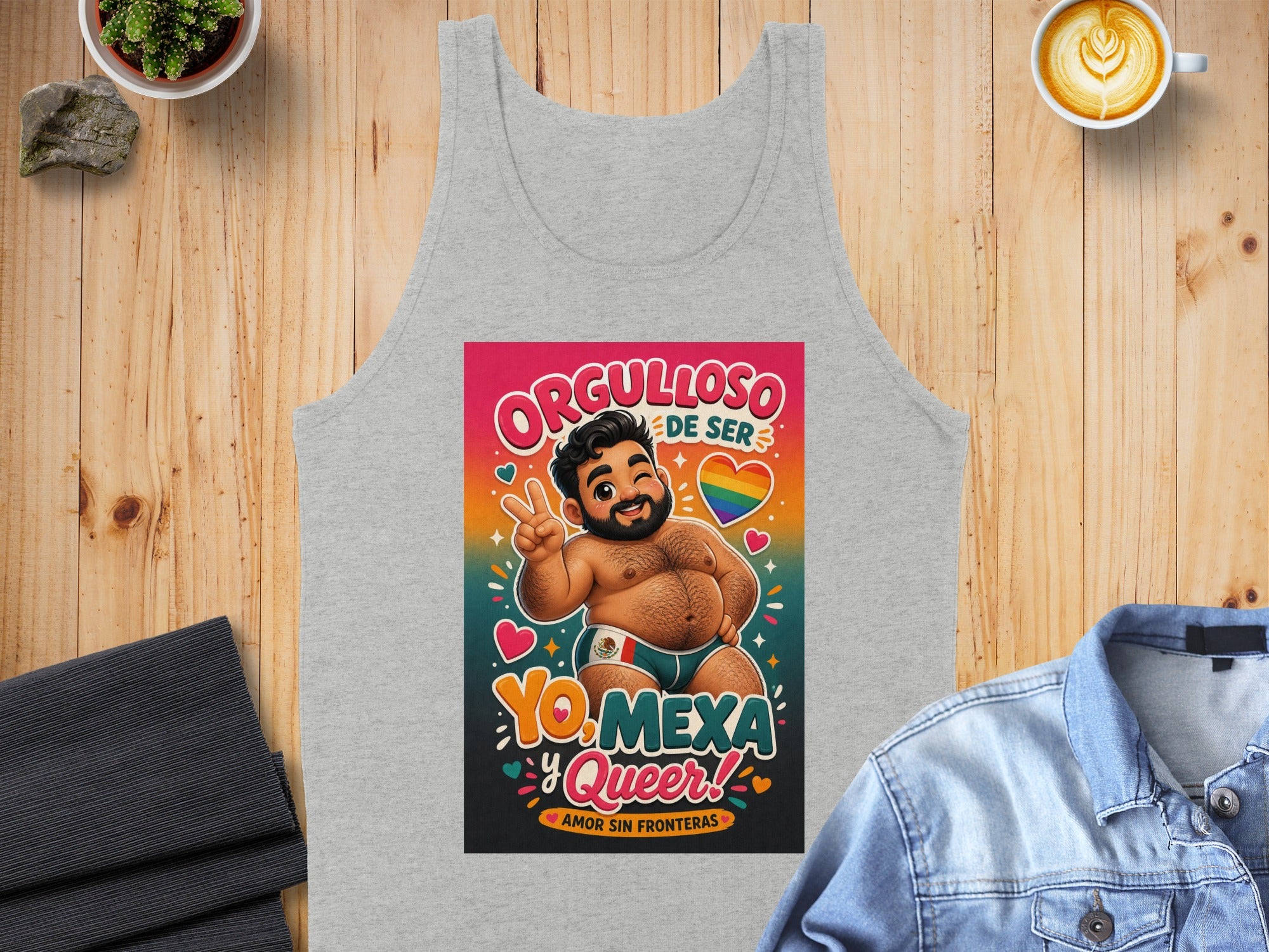 Grey tank top with "Orgulloso de ser YO. MEXA! Amor sin fronteras" graphic.