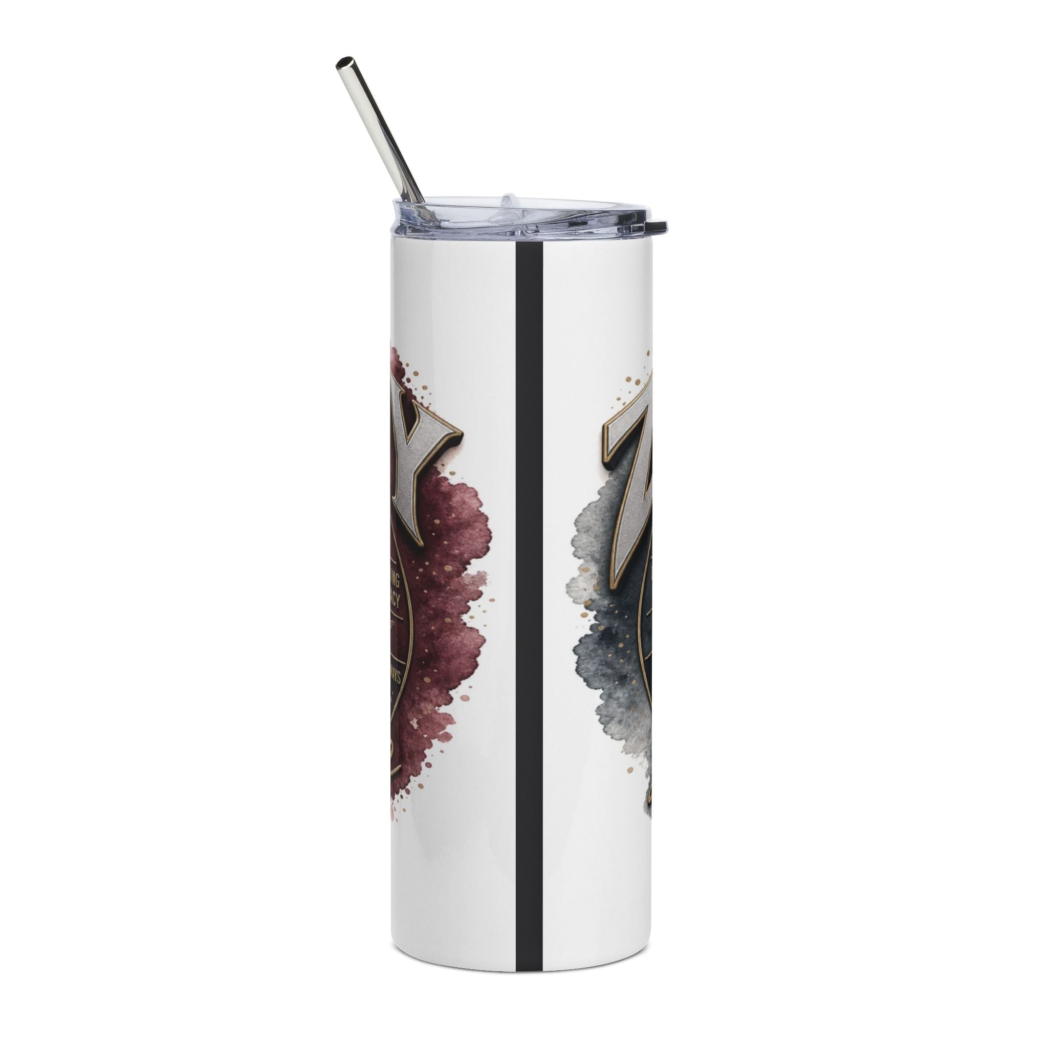 White tumbler with metallic letters and watercolor splatters.