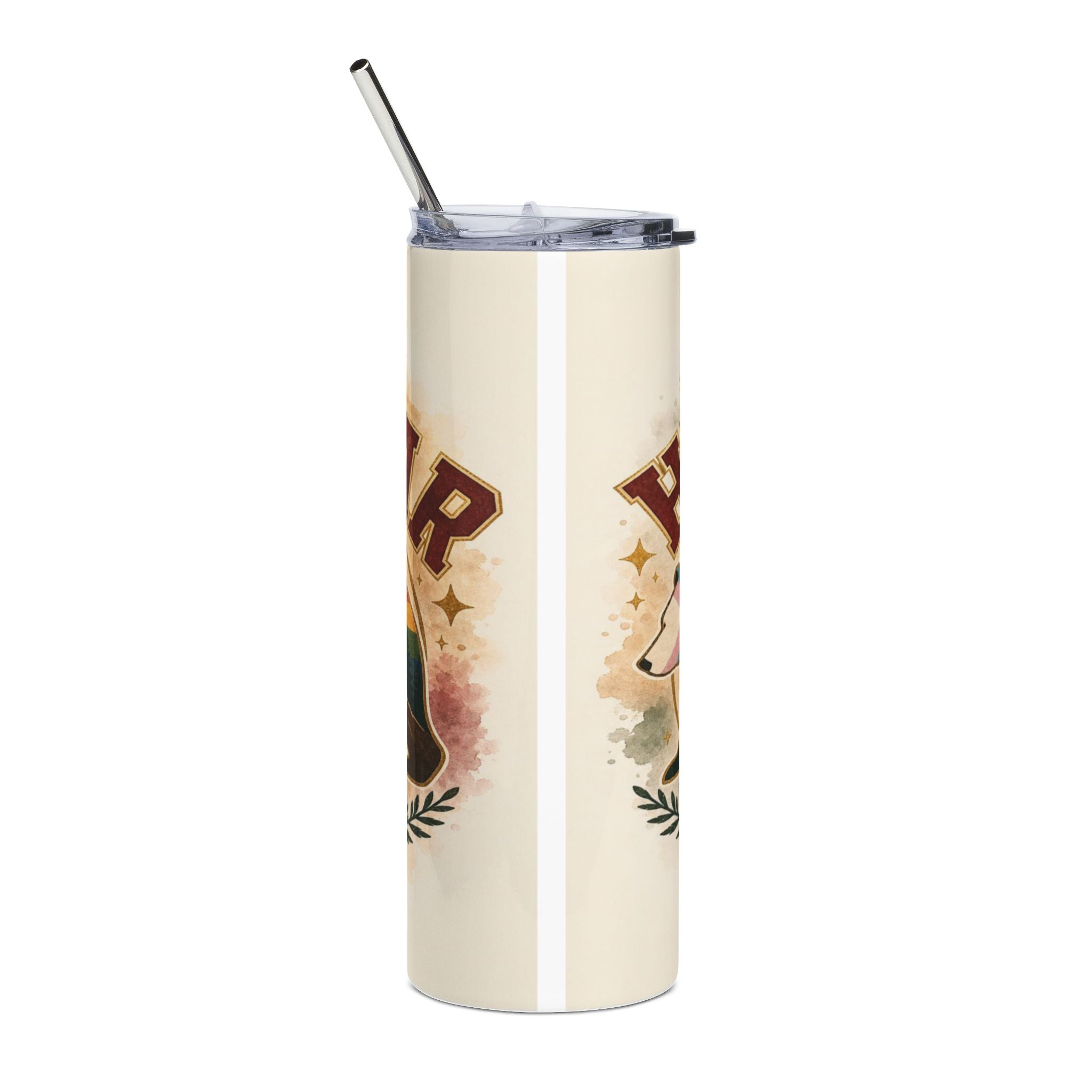 Tumbler with a beige background and a dog graphic with the letter R.
