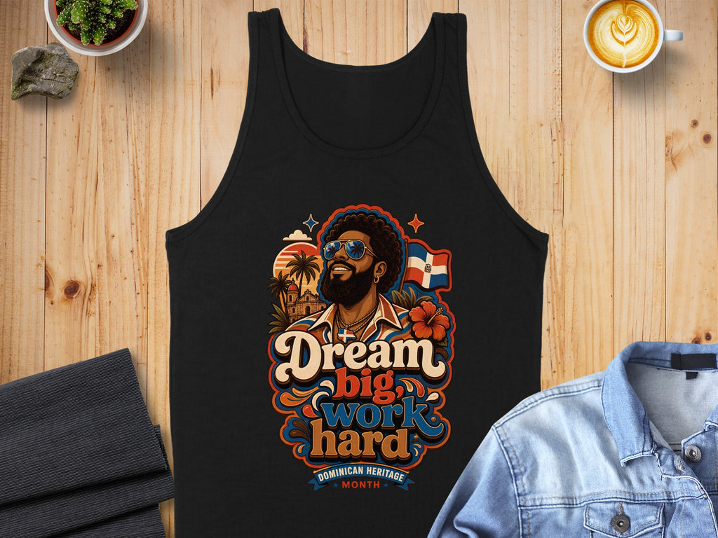 Black tank top with "Dream Big, Work Hard" text and vibrant graphic.