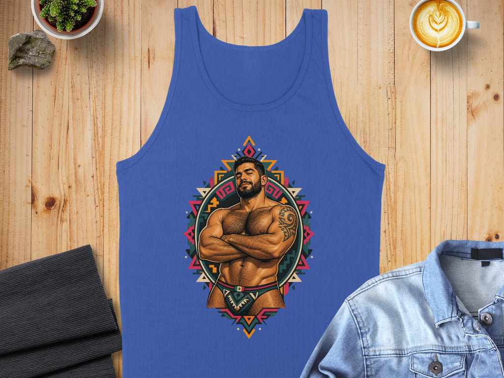 Blue tank top featuring a stylized illustration of a muscular man with crossed arms.