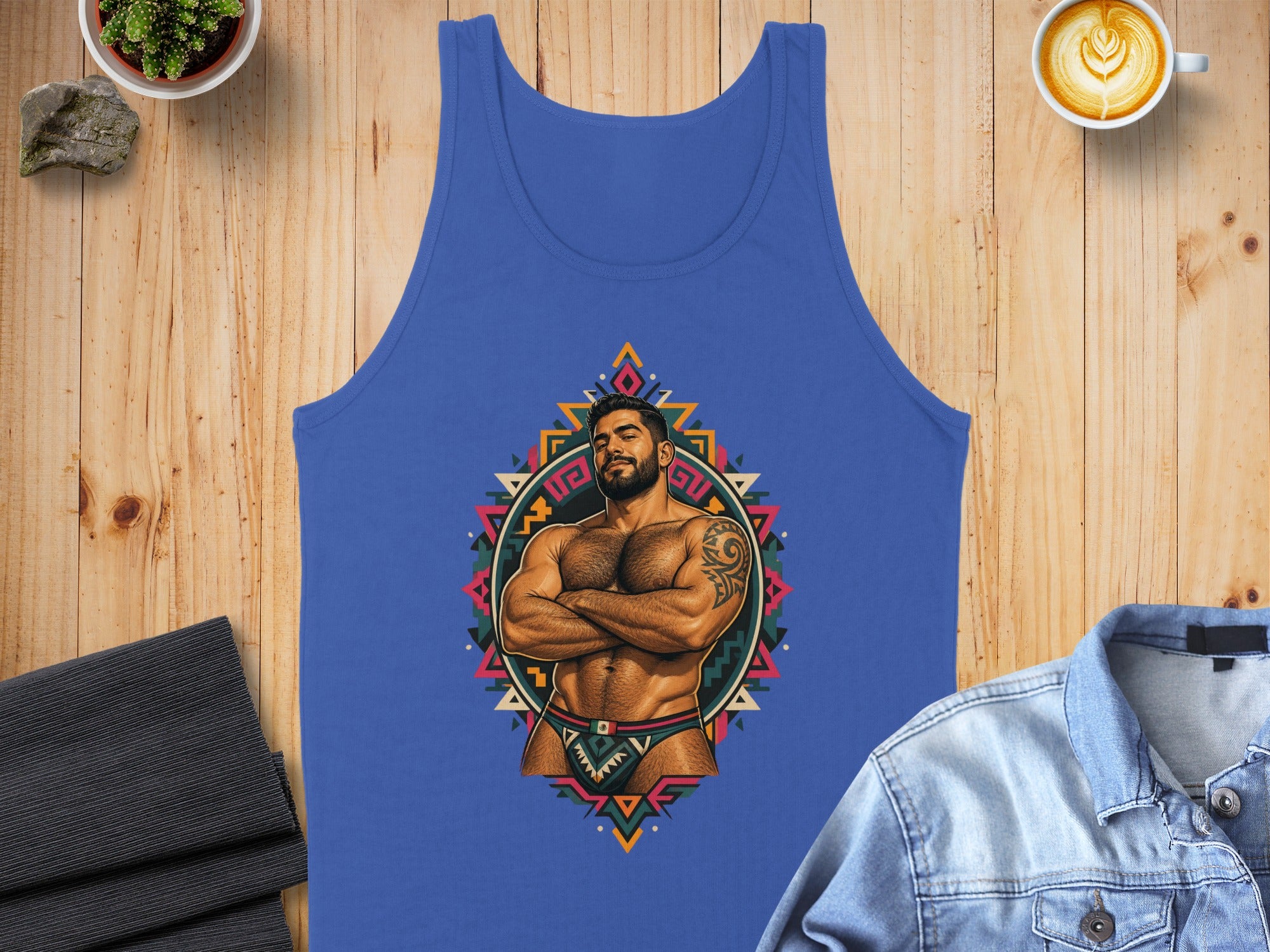 Blue tank top featuring a stylized illustration of a muscular man with crossed arms.