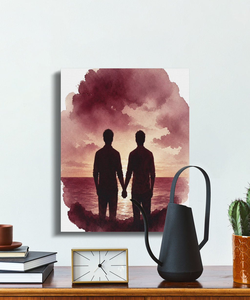 Framed watercolor art print of two men holding hands at sunset over water.