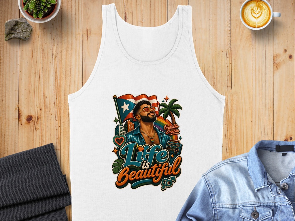 White tank top with "Life is Beautiful" graphic featuring Puerto Rican flag and sun.