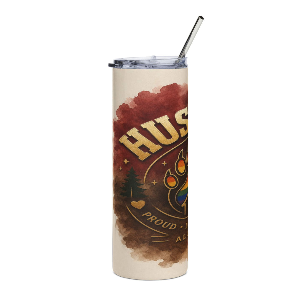 Tall tumbler with "Husband Proud" text, paw print, heart, and rainbow colors.