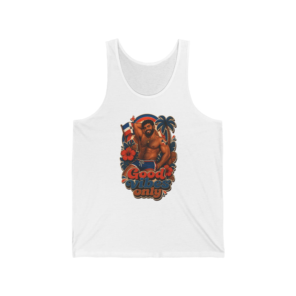 Tank top with illustration of man, palm tree, flowers, and "Good Vibes Only" text.
