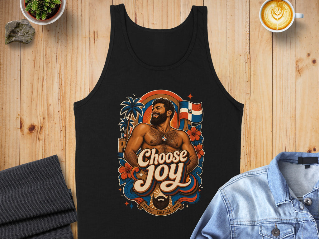 Black tank top with graphic of smiling man and "Choose Joy" text.