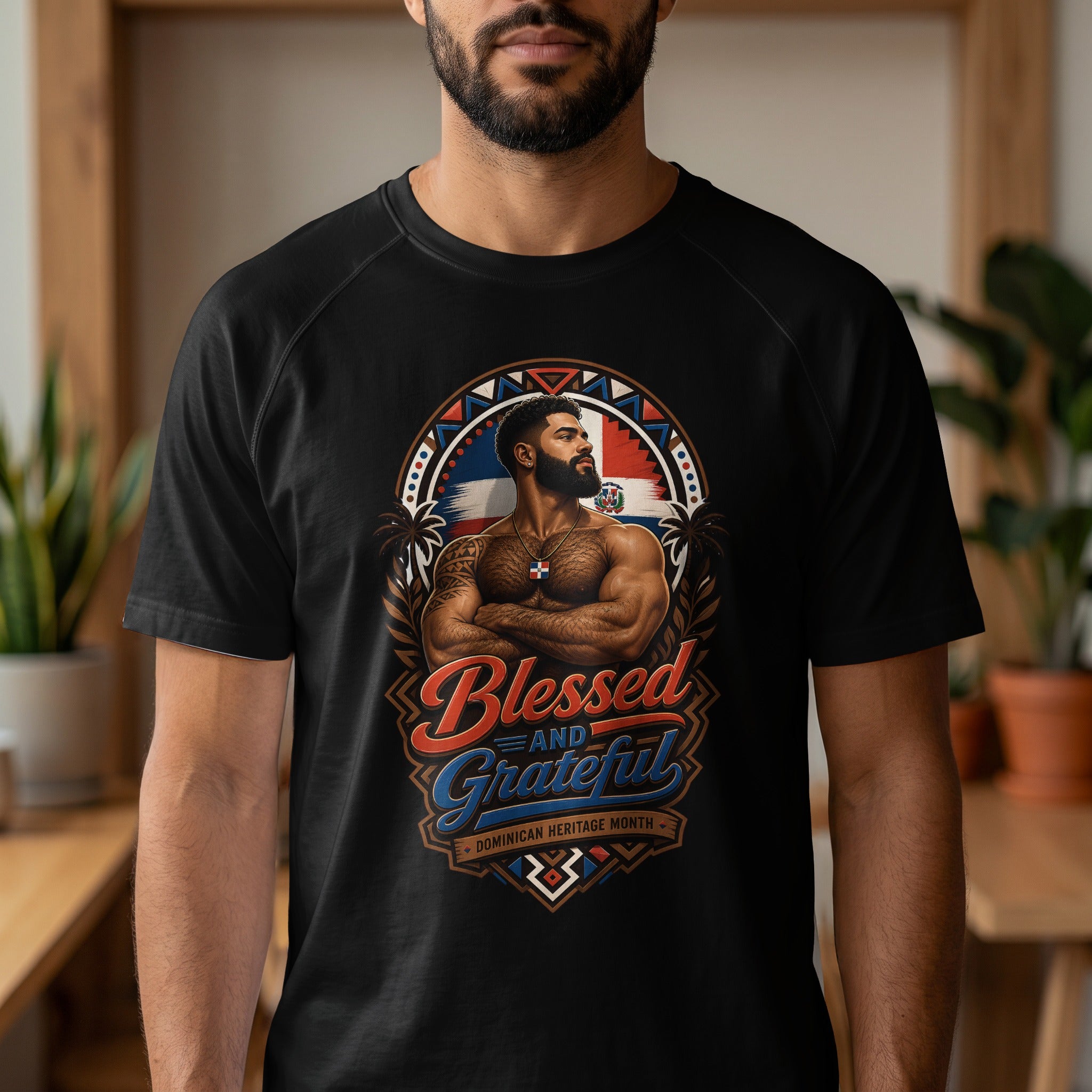 Black t-shirt with Dominican Heritage Month design featuring a muscular man and text.