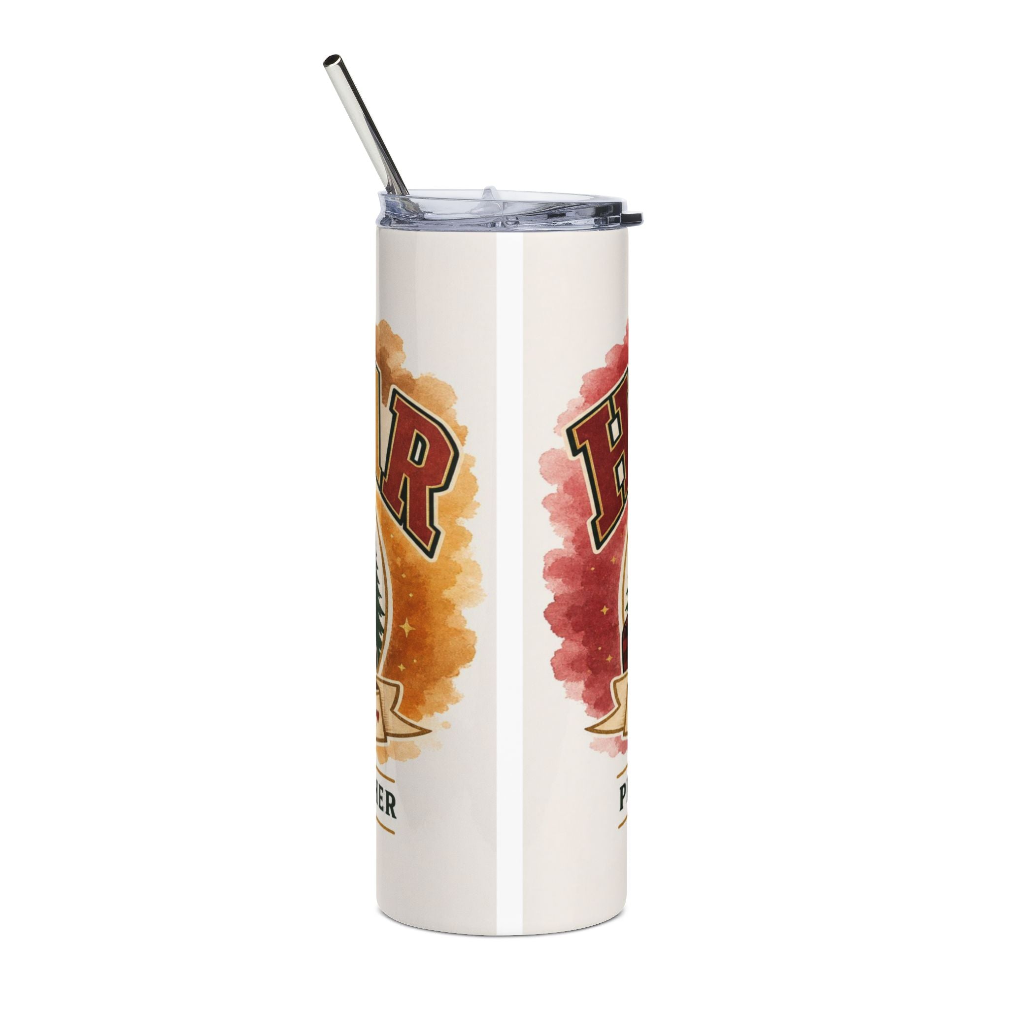 White tumbler with straw featuring "HER" in red and gold and "PR" in red.
