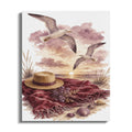 Watercolor beach scene with two seagulls flying over a sunset, a straw hat, and shells.