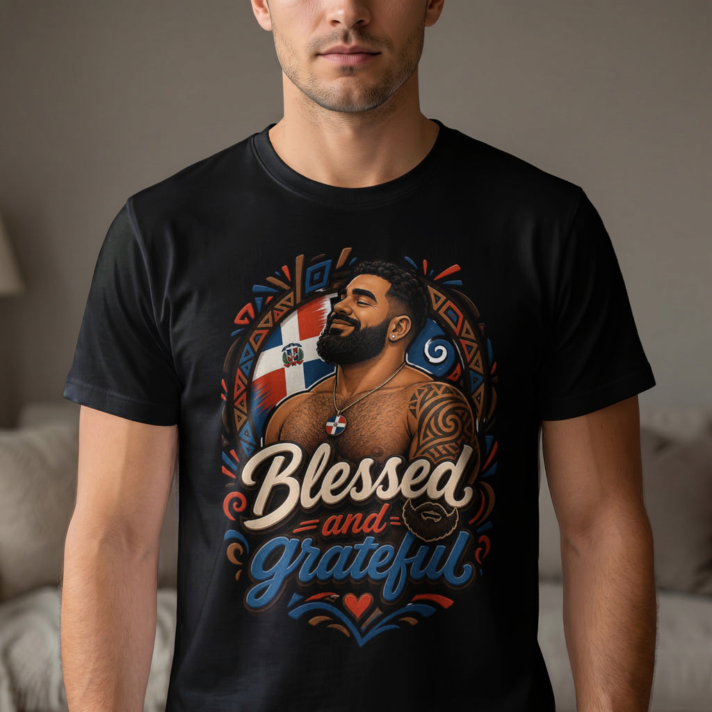 T-shirt with design featuring a man, Dominican flag, and text "Blessed and Grateful".