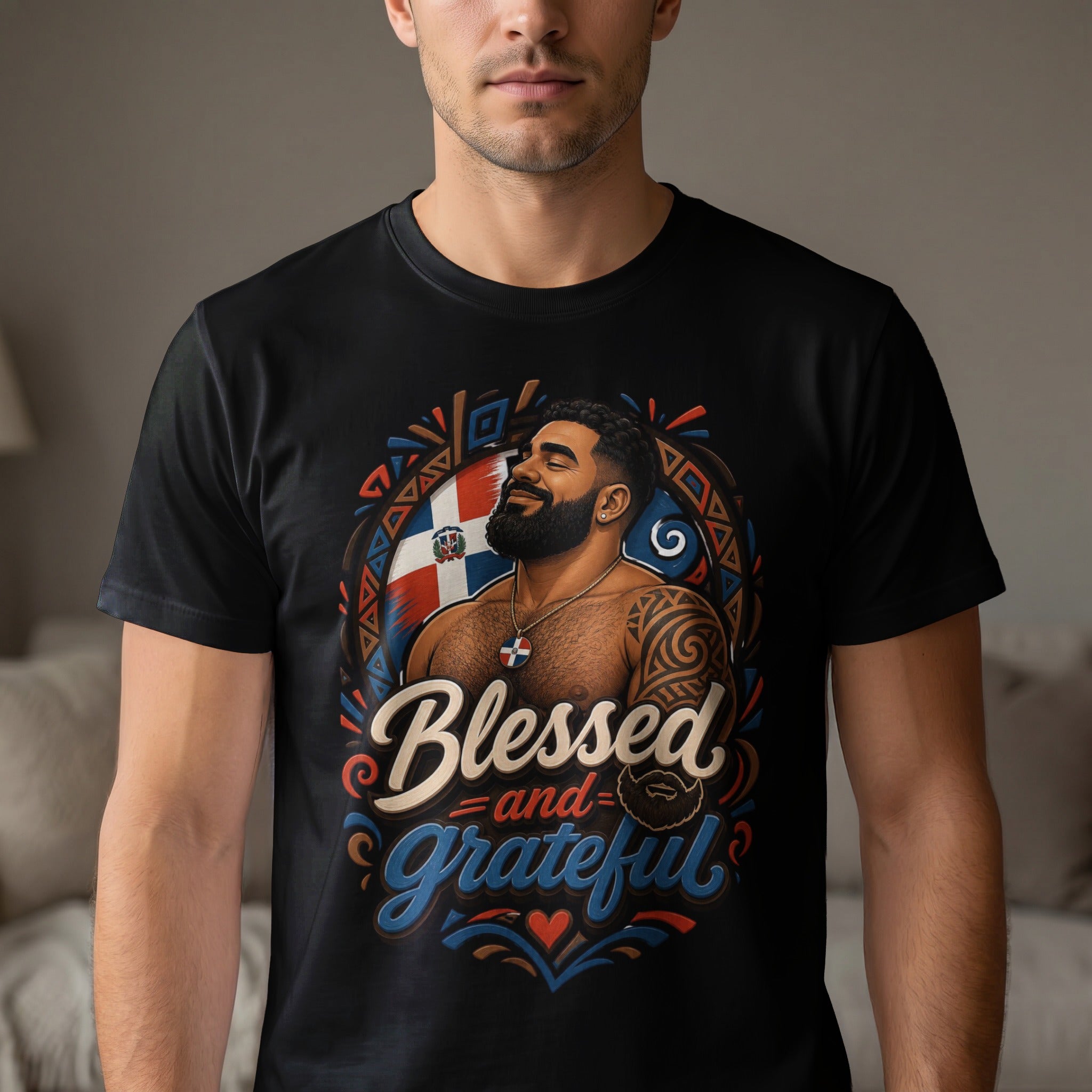 T-shirt with design featuring a man, Dominican flag, and text "Blessed and Grateful".
