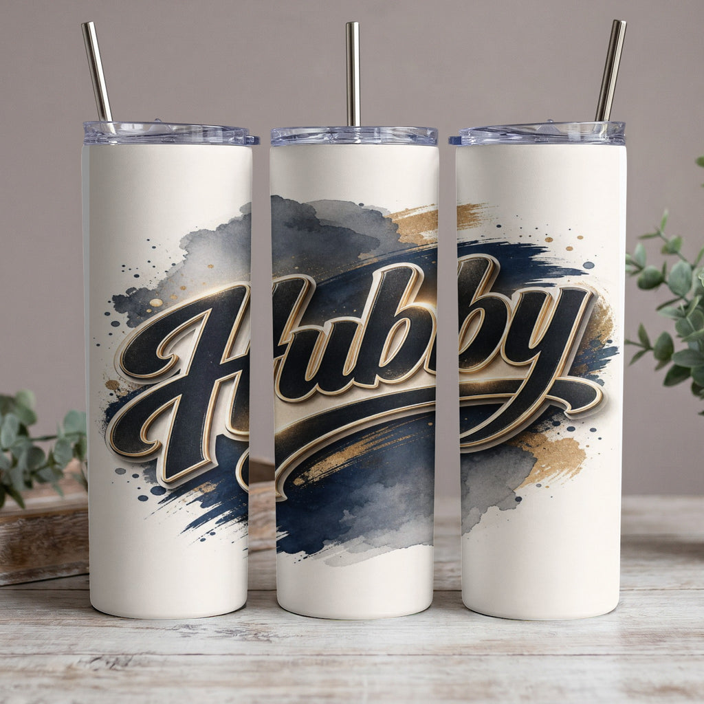 Three tumblers with the word "Hubby" in a stylized font, featuring abstract watercolor designs.