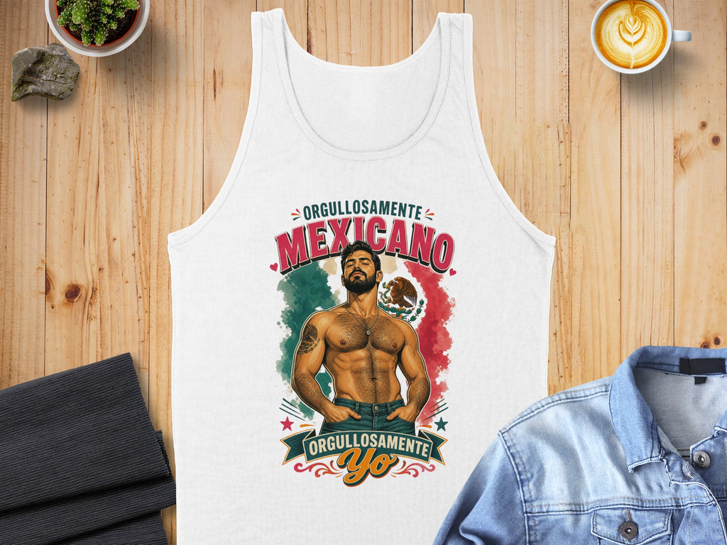 White tank top with "Orgullosamente Mexicano" text and a shirtless man.