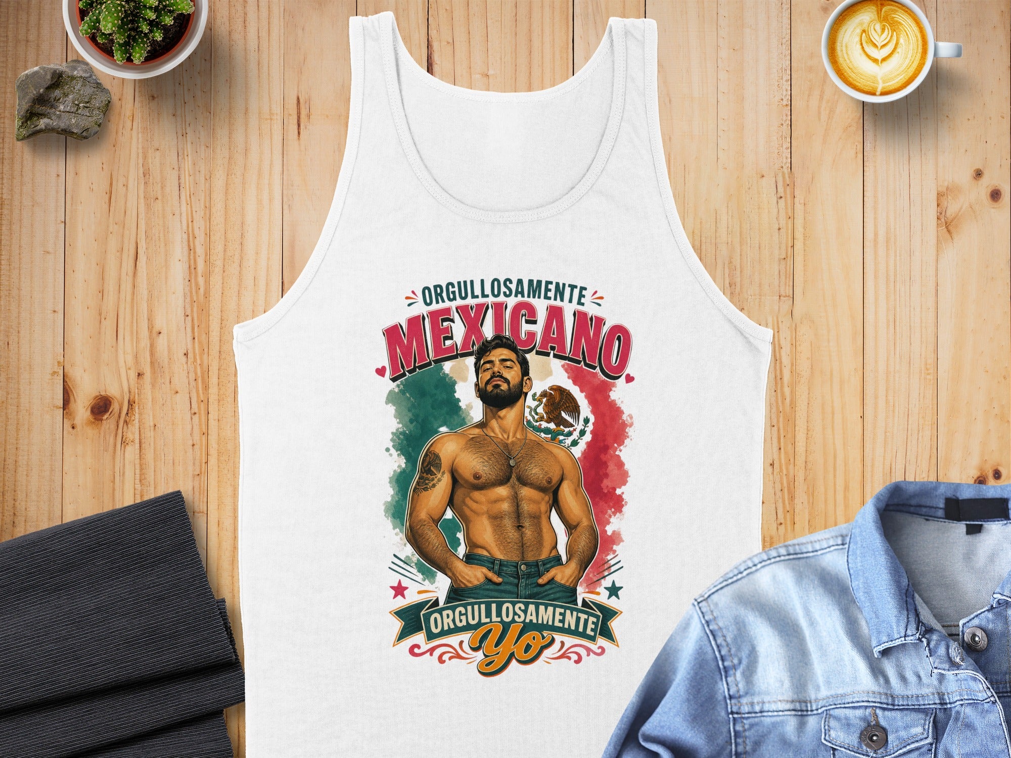 White tank top with "Orgullosamente Mexicano" text and a shirtless man.