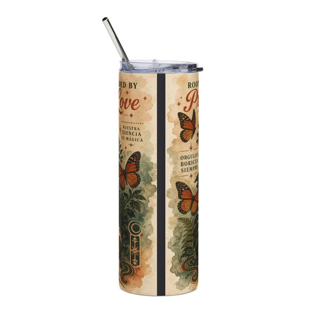 Tall tumbler with butterflies, ferns, and text reading "Rooted by Love."