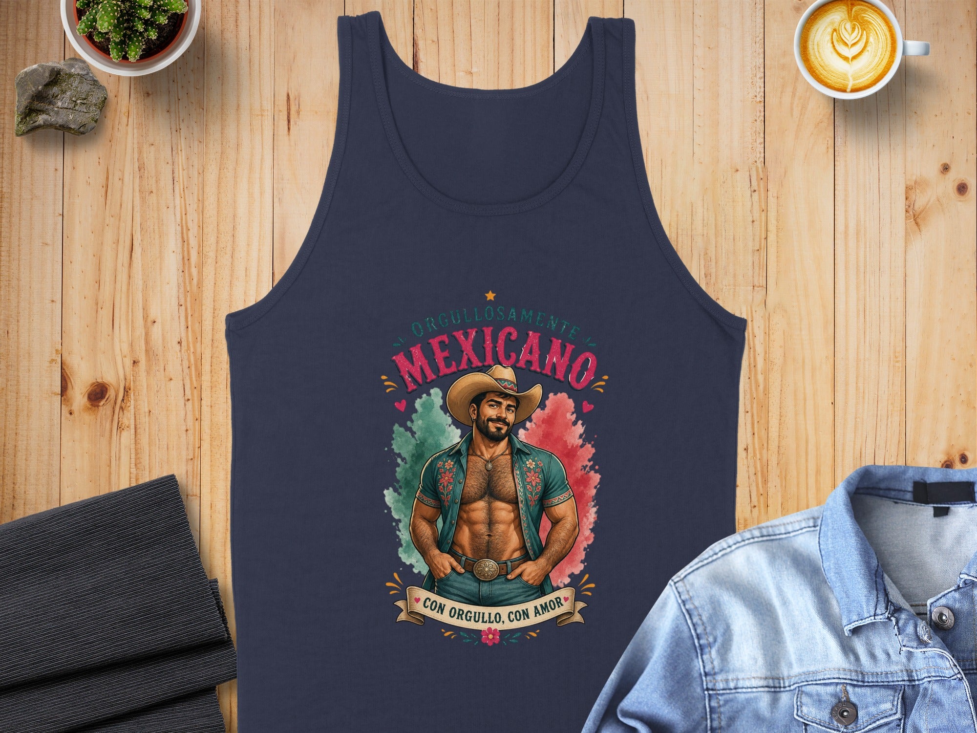 Navy blue tank top featuring a muscular man with "Orgullosamente Mexicano" text.