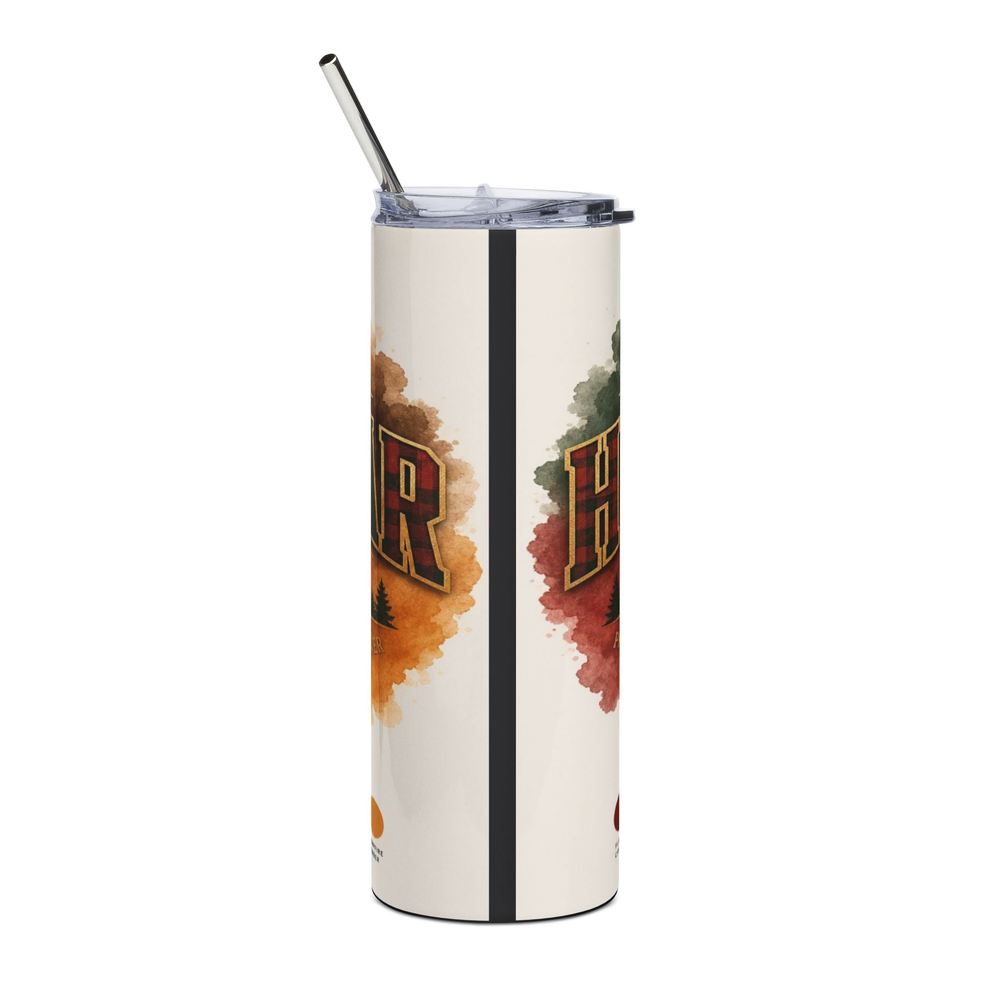 Tumbler with "Bonfire" and "Fall" text and plaid accents.