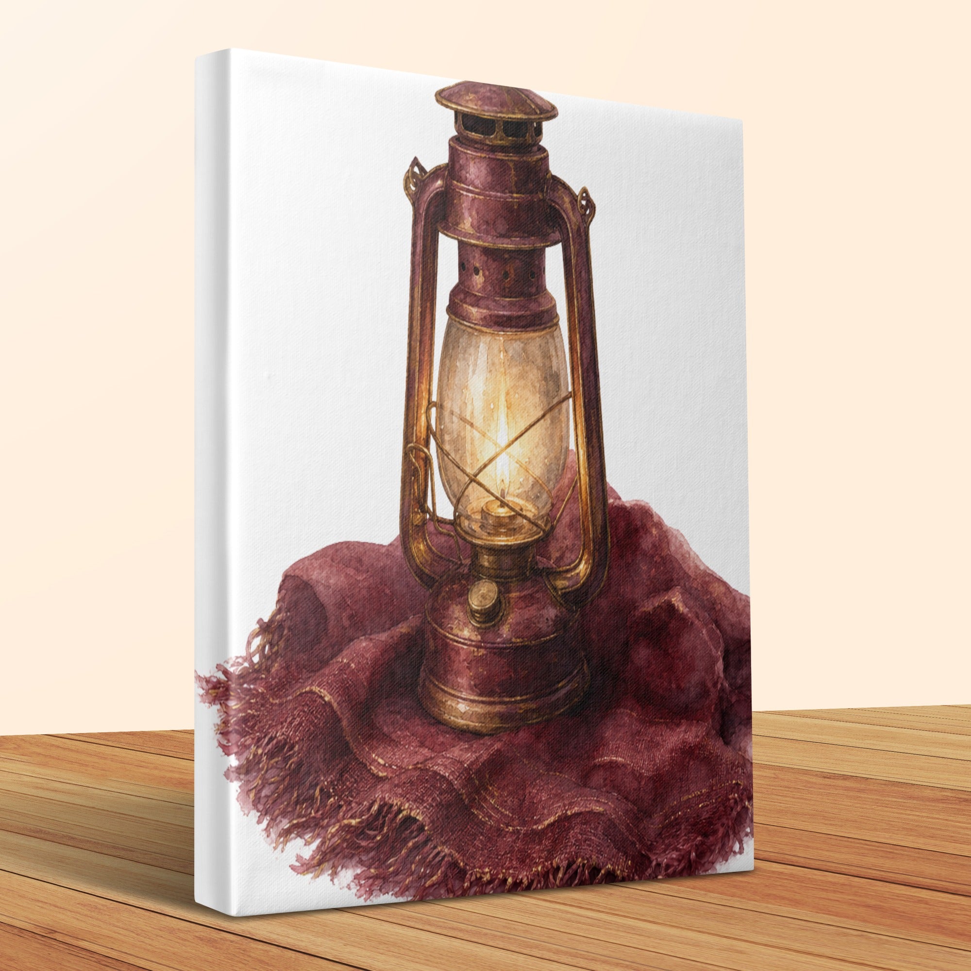 Antique kerosene lantern with a lit flame, resting on a burgundy fabric.